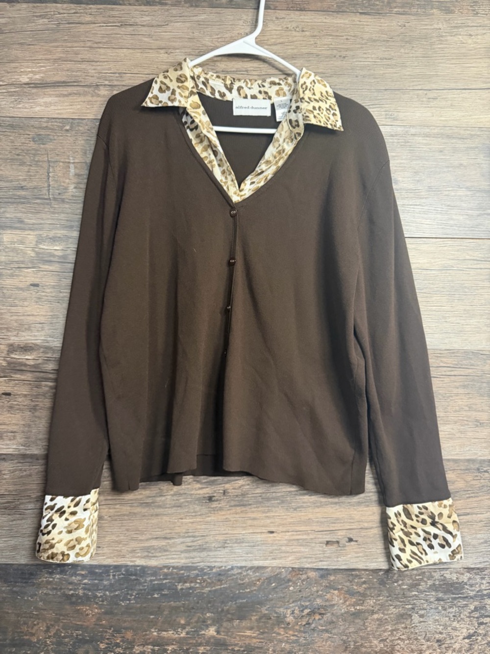 Alfred Dunner Brown V-Neck Sweater with Leopard-Print Trim